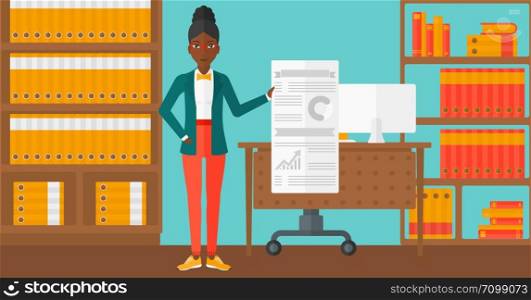 An african-american woman showing her complete paperwork with some text and charts on the background of business office vector flat design illustration. Horizontal layout.. Woman presenting report.