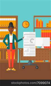 An african-american woman showing her complete paperwork with some text and charts on the background of business office vector flat design illustration. Vertical layout.. Woman presenting report.