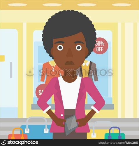 An african-american woman showing her epmty wallet on the background of showcase of a store. Vector flat design illustration. Square layout.. Woman showing epmty wallet vector illustration.