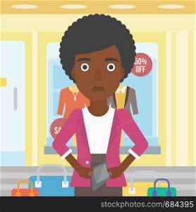 An african-american woman showing her epmty wallet on the background of showcase of a store. Vector flat design illustration. Square layout.. Woman showing epmty wallet vector illustration.