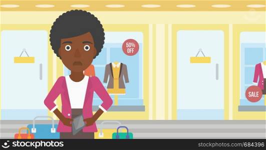 An african-american woman showing her epmty wallet on the background of showcase of a store. Vector flat design illustration. Horizontal layout.. Woman showing epmty wallet vector illustration.