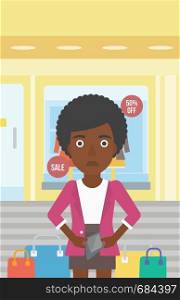 An african-american woman showing her epmty wallet on the background of showcase of a store. Vector flat design illustration. Vertical layout.. Woman showing epmty wallet vector illustration.