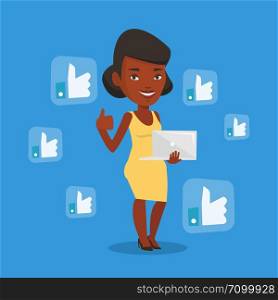 An african-american woman showing thumb up and like social network buttons around her. Woman with laptop and like social network buttons with thumb up. Vector flat design illustration. Square layout. Woman with like social network buttons.