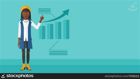 An african-american woman showing with her forefinger at increasing chart on a blue background vector flat design illustration. Horizontal layout.. Woman presenting report.