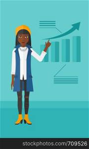 An african-american woman showing with her forefinger at increasing chart on a blue background vector flat design illustration. Vertical layout.. Woman presenting report.