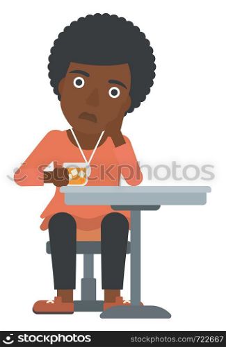 An african-american woman sitting at bar with a glass of juice vector flat design illustration isolated on white background. . Woman sitting at bar.