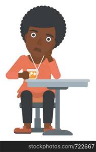 An african-american woman sitting at bar with a glass of juice vector flat design illustration isolated on white background. . Woman sitting at bar.