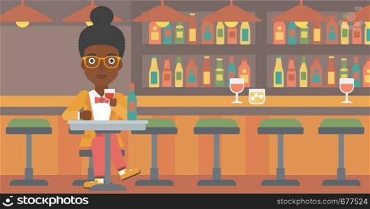 An african-american woman sitting at the bar and drinking wine vector flat design illustration. Horizontal layout.. Woman sitting at bar.