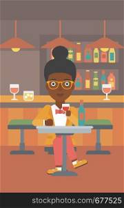 An african-american woman sitting at the bar and drinking wine vector flat design illustration. Vertical layout.. Woman sitting at bar.