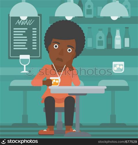 An african-american woman sitting at the bar with a glass vector flat design illustration. Square layout.. Woman sitting at bar.