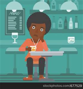 An african-american woman sitting at the bar with a glass vector flat design illustration. Square layout.. Woman sitting at bar.