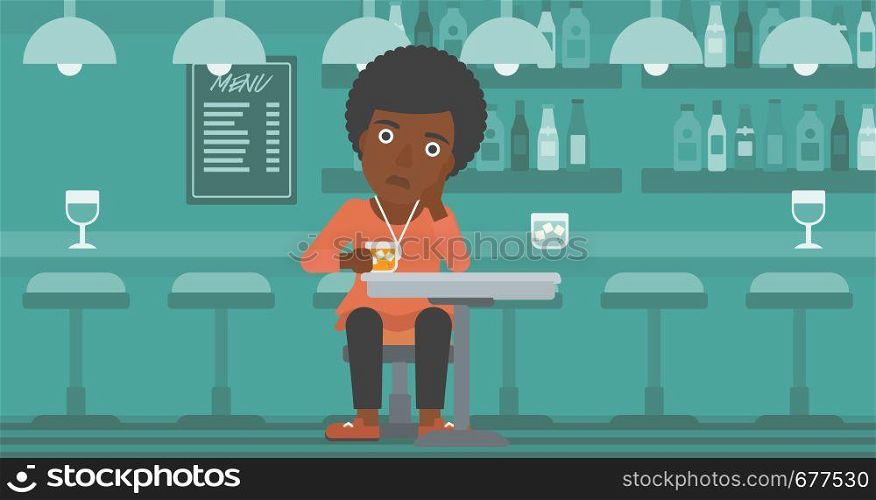 An african-american woman sitting at the bar with a glass vector flat design illustration. Horizontal layout.. Woman sitting at bar.