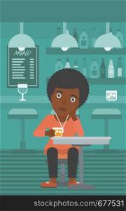 An african-american woman sitting at the bar with a glass vector flat design illustration. Vertical layout.. Woman sitting at bar.