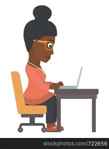 An african-american woman sitting at the table and working at the laptop vector flat design illustration isolated on white background. . Woman working at laptop.