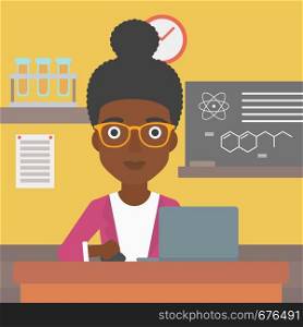 An african-american woman sitting at the table and working on a laptop on the background of chemistry class vector flat design illustration. Square layout.. Woman studying with laptop.