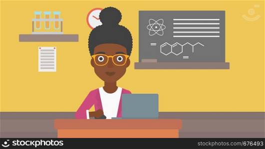An african-american woman sitting at the table and working on a laptop on the background of chemistry class vector flat design illustration. Horizontal layout.. Woman studying with laptop.