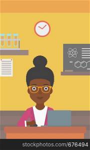 An african-american woman sitting at the table and working on a laptop on the background of chemistry class vector flat design illustration. Vertical layout.. Woman studying with laptop.