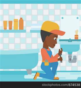 An african-american woman sitting in a bathroom and repairing a sink with a spanner vector flat design illustration. Square layout.. Woman repairing sink.