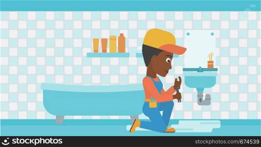 An african-american woman sitting in a bathroom and repairing a sink with a spanner vector flat design illustration. Horizontal layout.. Woman repairing sink.