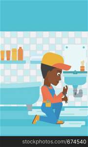 An african-american woman sitting in a bathroom and repairing a sink with a spanner vector flat design illustration. Vertical layout.. Woman repairing sink.