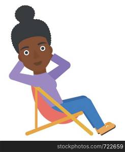 An african-american woman sitting in a folding chair vector flat design illustration isolated on white background. . Woman sitting in a folding chair.