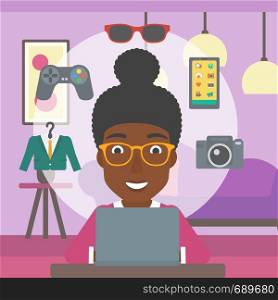 An african-american woman sitting in front of laptop and some images of goods around her. Woman doing online shopping. Woman buying on the internet. Vector flat design illustration. Square layout.. Woman shopping online using her laptop.