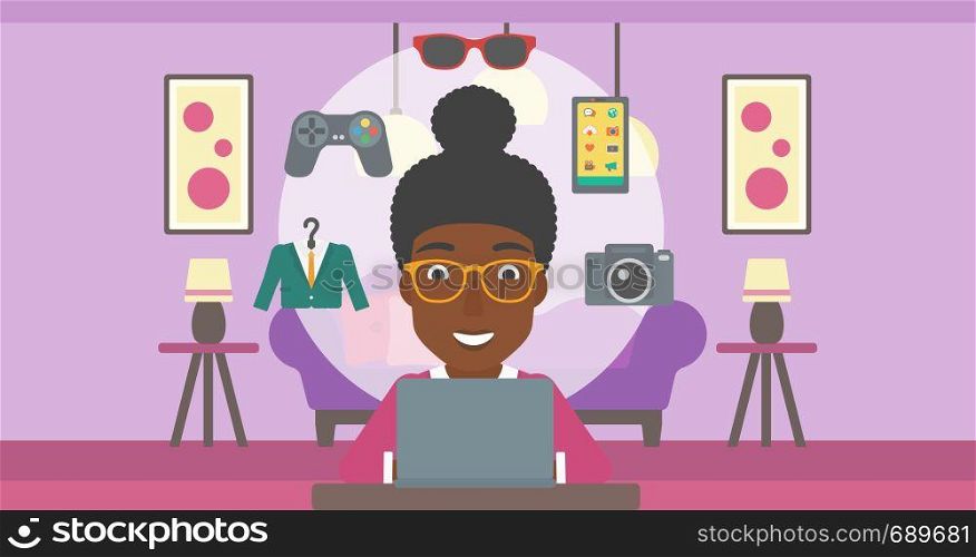 An african-american woman sitting in front of laptop and some images of goods around her. Woman doing online shopping. Woman buying on the internet. Vector flat design illustration. Horizontal layout.. Woman shopping online using her laptop.