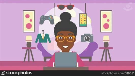 An african-american woman sitting in front of laptop and some images of goods around her. Woman doing online shopping. Woman buying on the internet. Vector flat design illustration. Horizontal layout.. Woman shopping online using her laptop.
