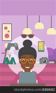 An african-american woman sitting in front of laptop and some images of goods around her. Woman doing online shopping. Woman buying on the internet. Vector flat design illustration. Vertical layout.. Woman shopping online using her laptop.