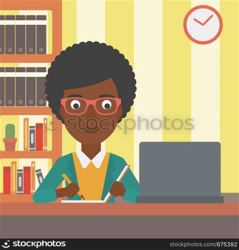 An african-american woman sitting in front of laptop and taking some notes on the background of room vector flat design illustration. Square layout.. Woman using laptop for education.