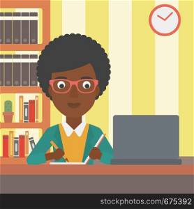 An african-american woman sitting in front of laptop and taking some notes on the background of room vector flat design illustration. Square layout.. Woman using laptop for education.
