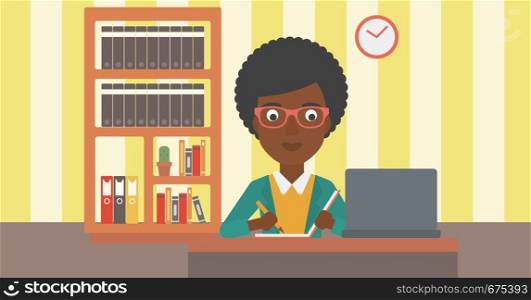An african-american woman sitting in front of laptop and taking some notes on the background of room vector flat design illustration. Horizontal layout.. Woman using laptop for education.