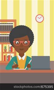 An african-american woman sitting in front of laptop and taking some notes on the background of room vector flat design illustration. Vertical layout.. Woman using laptop for education.
