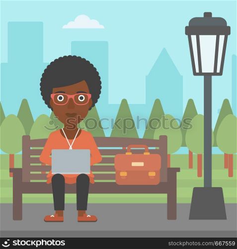 An african-american woman sitting in the park on a bench and working on a laptop vector flat design illustration. Square layout.. Woman working on laptop.
