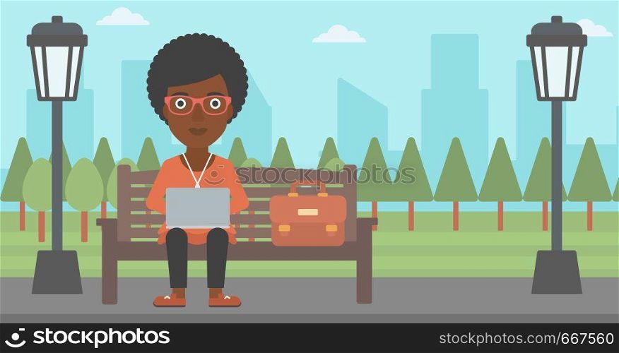 An african-american woman sitting in the park on a bench and working on a laptop vector flat design illustration. Horizontal layout.. Woman working on laptop.