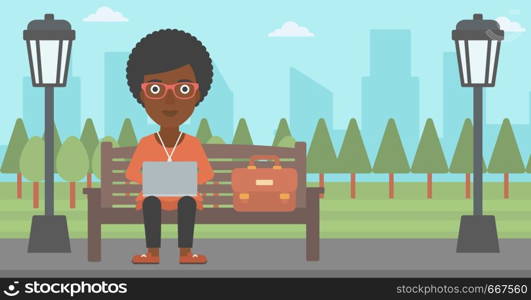 An african-american woman sitting in the park on a bench and working on a laptop vector flat design illustration. Horizontal layout.. Woman working on laptop.