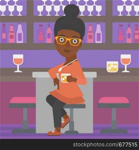 An african-american woman sitting near the bar counter and holding a glass vector flat design illustration. Square layout.. Woman sitting at bar.