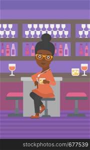 An african-american woman sitting near the bar counter and holding a glass vector flat design illustration. Vertical layout.. Woman sitting at bar.