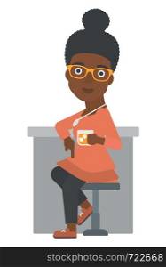 An african-american woman sitting near the bar counter vector flat design illustration isolated on white background. . Woman sitting at bar.
