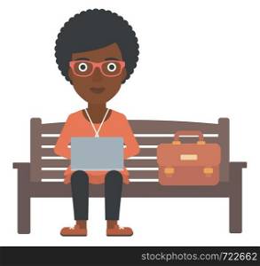 An african-american woman sitting on a bench and working on a laptop vector flat design illustration isolated on white background. . Woman working on laptop.