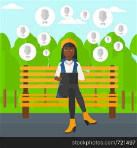 An african-american woman sitting on a bench in the park and holding a tablet computer with many avatar icons above vector flat design illustration. Square layout.. Social media network.