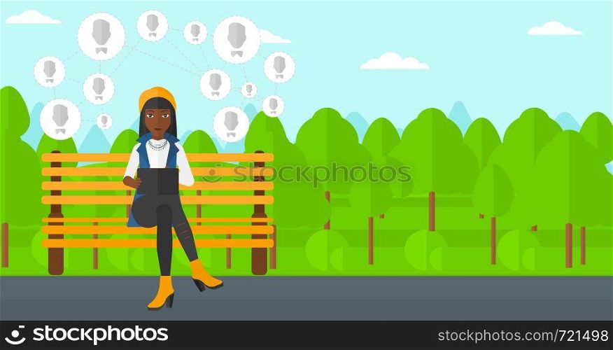 An african-american woman sitting on a bench in the park and holding a tablet computer with many avatar icons above vector flat design illustration. Horizontal layout.. Social media network.