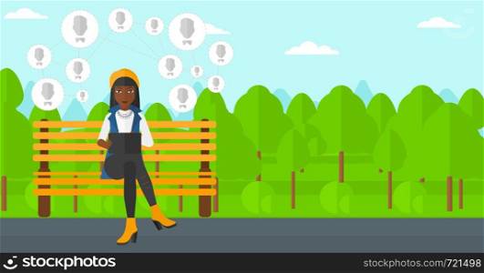 An african-american woman sitting on a bench in the park and holding a tablet computer with many avatar icons above vector flat design illustration. Horizontal layout.. Social media network.