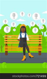 An african-american woman sitting on a bench in the park and holding a tablet computer with many avatar icons above vector flat design illustration. Vertical layout.. Social media network.