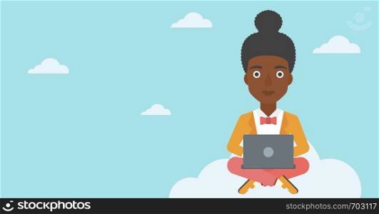 An african-american woman sitting on a cloud with a laptop on her knees. Happy woman using cloud computing technology. Cloud computing concept. Vector flat design illustration. Horizontal layout.. Woman using cloud computing technology.