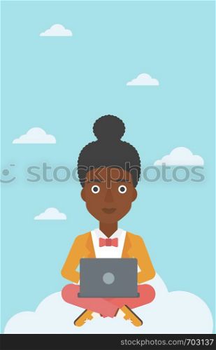 An african-american woman sitting on a cloud with a laptop on her knees. Happy woman using cloud computing technology. Cloud computing concept. Vector flat design illustration. Vertical layout.. Woman using cloud computing technology.