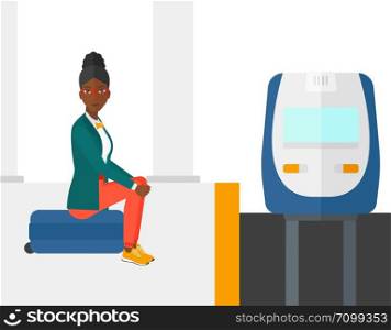 An african-american woman sitting on a railway platform and waiting for a train vector flat design illustration isolated on white background.. Woman sitting on railway platform.
