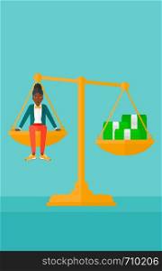An african-american woman sitting on a scale with stacks of money on a blue background vector flat design illustration. Vertical layout.. Woman sitting on scale with coins.
