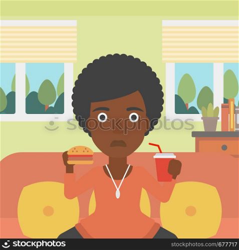 An african-american woman sitting on a sofa while eating hamburger and drinking soda on the background of living room vector flat design illustration. Square layout.. Woman eating hamburger.