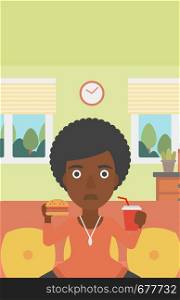 An african-american woman sitting on a sofa while eating hamburger and drinking soda on the background of living room vector flat design illustration. Vertical layout.. Woman eating hamburger.
